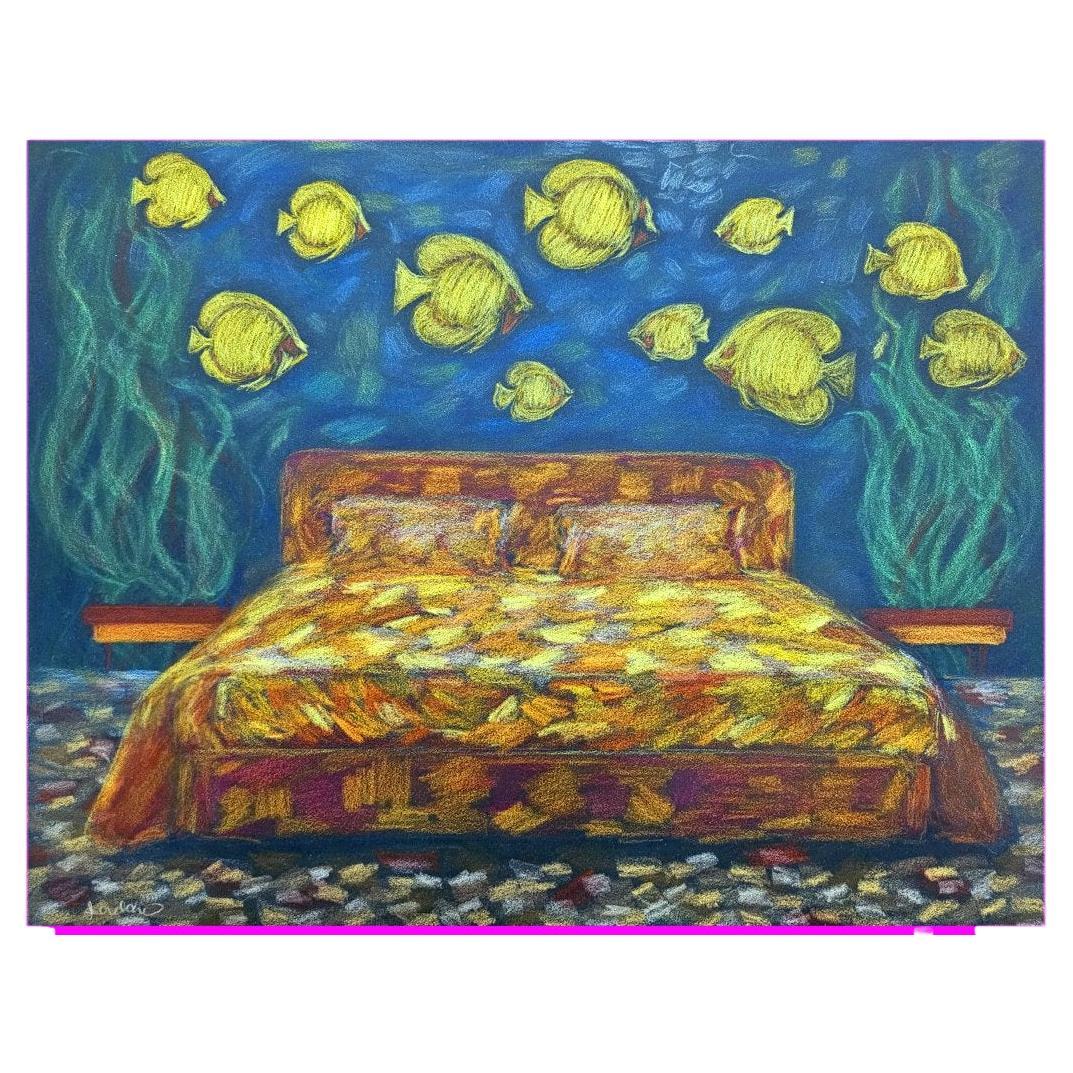 VENDITA DI CHIUSURA - ARTE:Acquerello originale Camera da letto marina con pesci, firmato in vendita