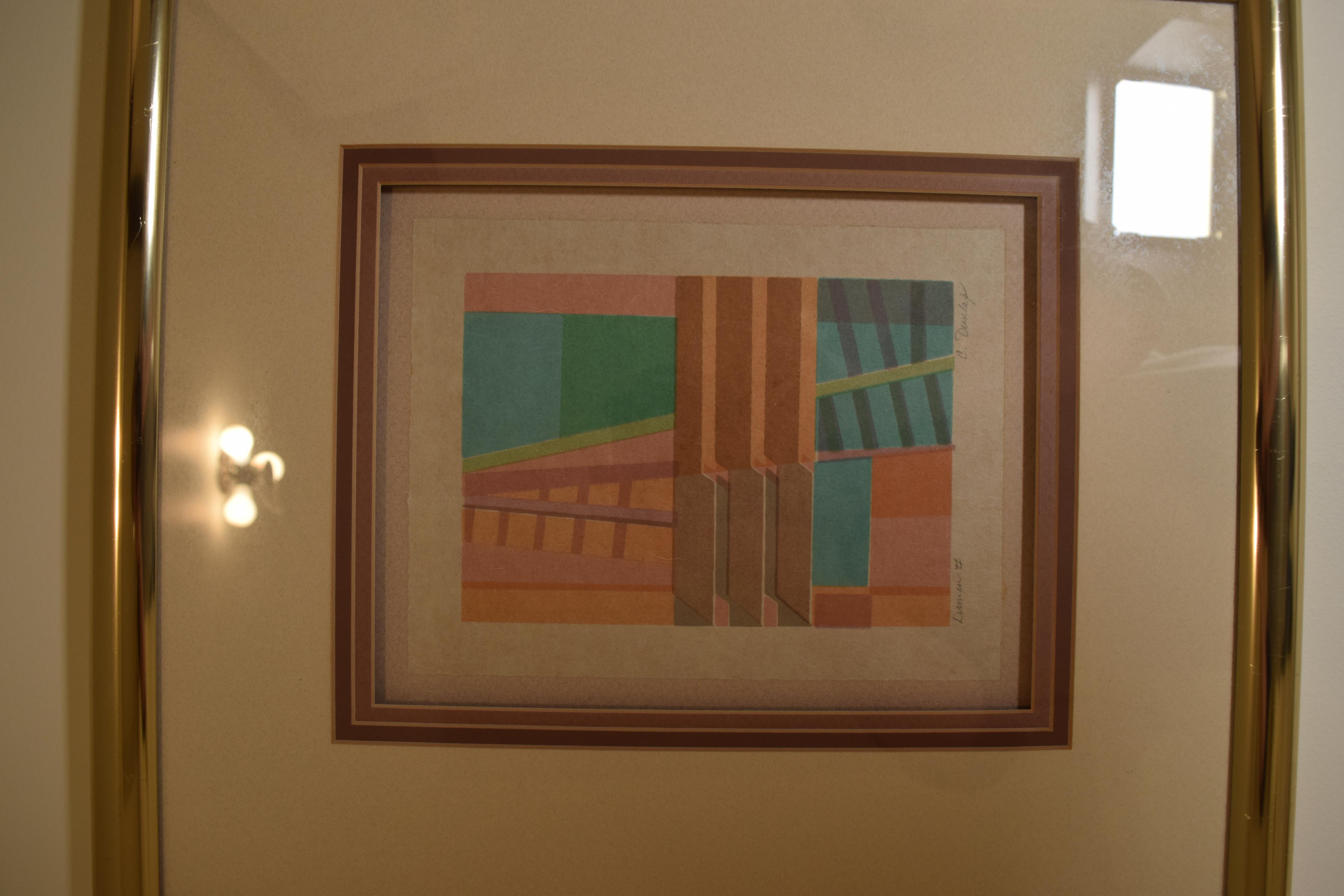 Modernist wall mounted print art work. Earth Tone pastels, by C. Dunlap for Harris Strong, circa 1970. Measures: 17.5