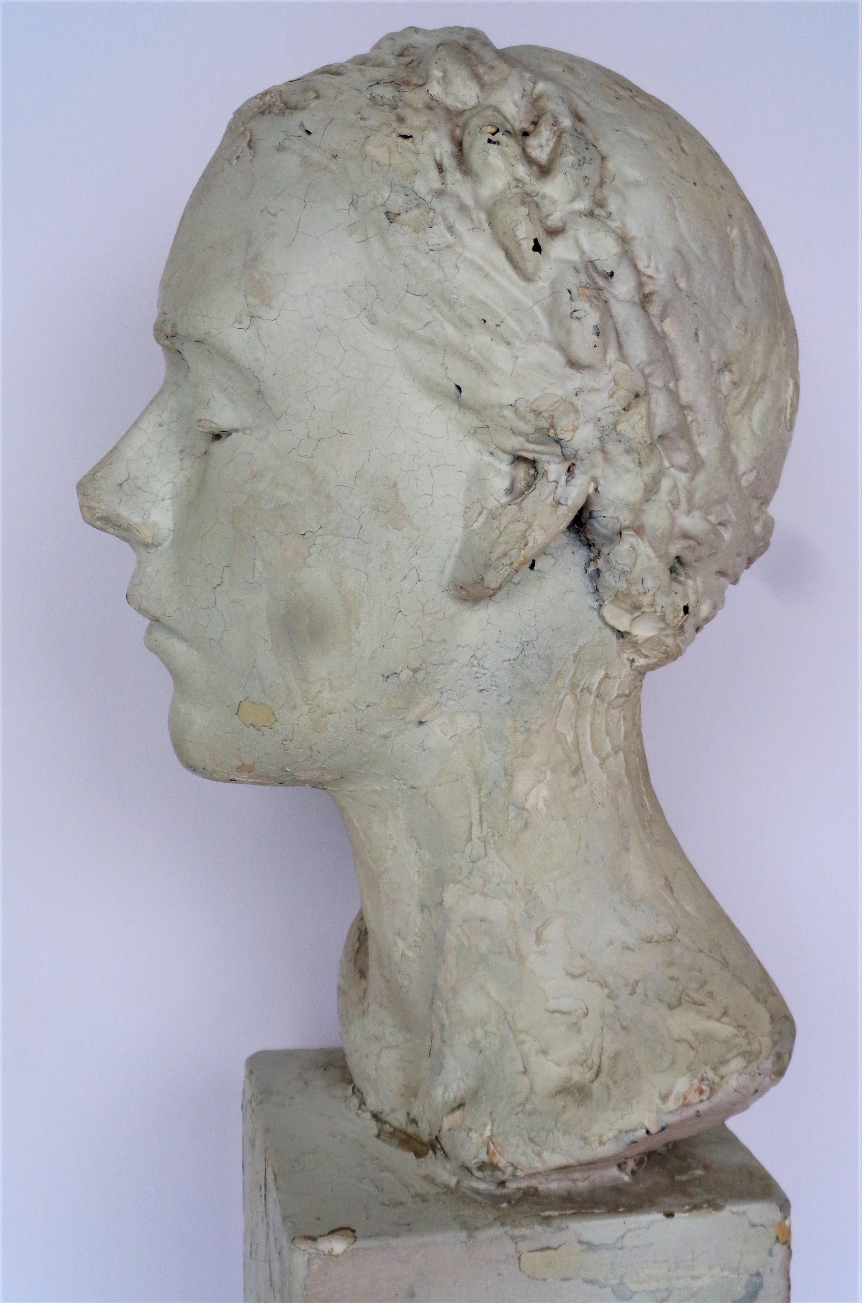 Artist Plaster Maquette, Classical Bust of a Young Woman, Circa 1930-1940 7