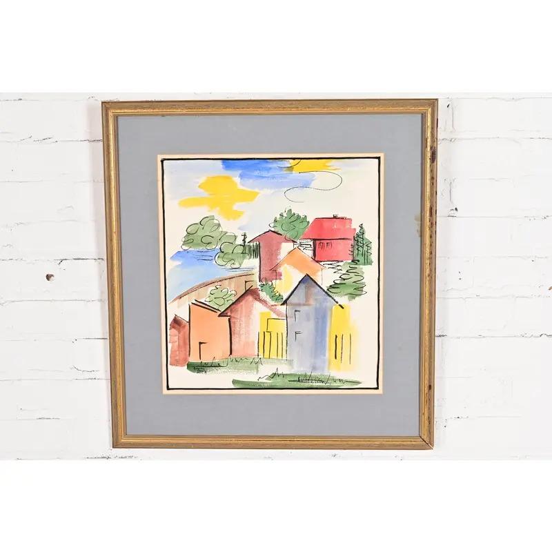 Original Künstler signiert abstrakte Housescape gerahmt Aquarellmalerei (amerikanisch) im Angebot