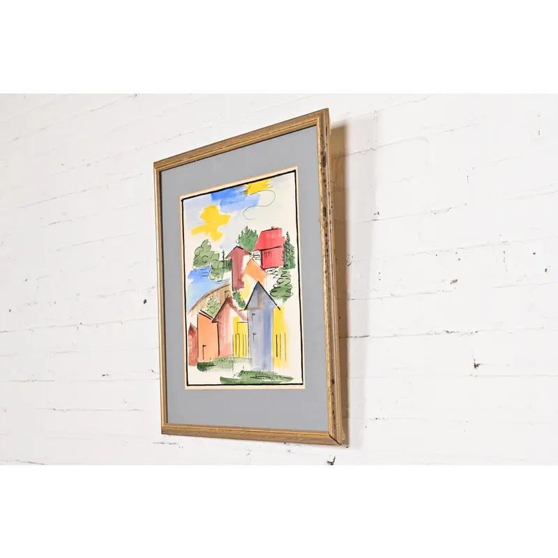 Original Künstler signiert abstrakte Housescape gerahmt Aquarellmalerei im Zustand „Gut“ im Angebot in South Bend, IN