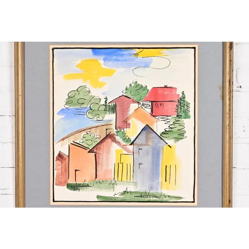 Original Künstler signiert abstrakte Housescape gerahmt Aquarellmalerei (Vergoldetes Holz) im Angebot
