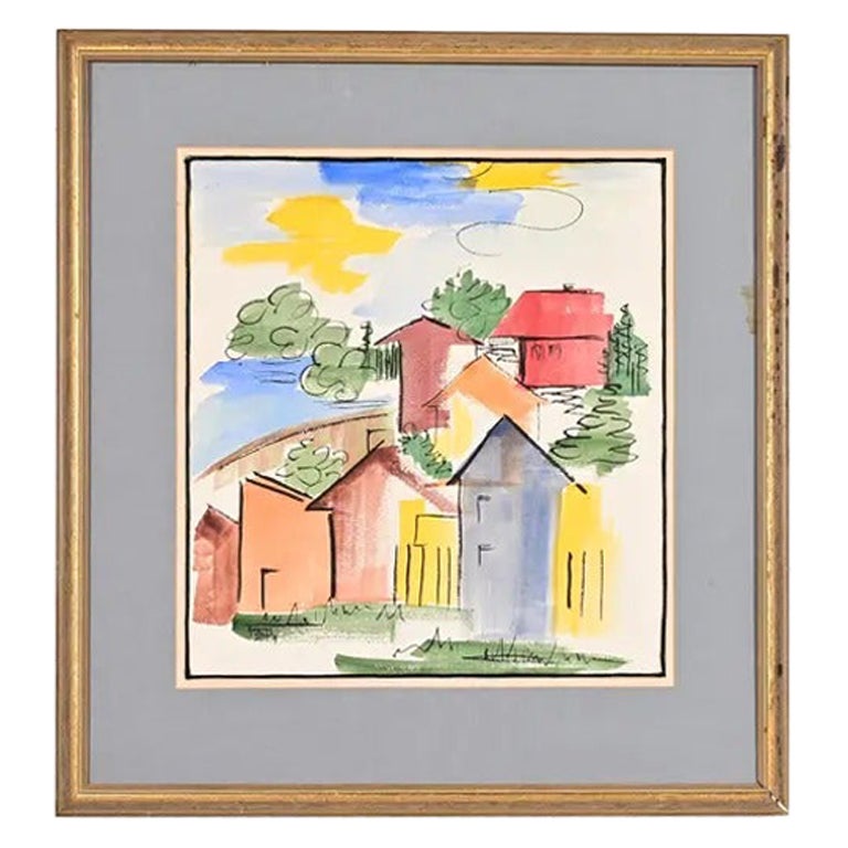 Original Artist Signed Abstract Housescape Framed Watercolor Painting
