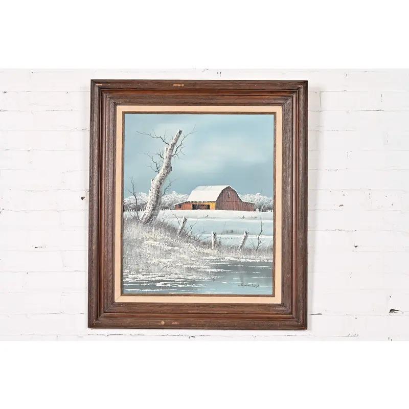 Ein schönes Original-Ölgemälde auf Leinwand von einer ländlichen Winterszene mit einer Scheune in geschnitztem Holzrahmen

Signiert vom Künstler: Everett Woodson (Missouri, 1933-2016)

USA, circa Ende des 20. Jahrhunderts

Maße: 28,25 