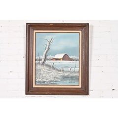 Original Artist Signed "Barn in Snowfall" Oil Painting on Canvas