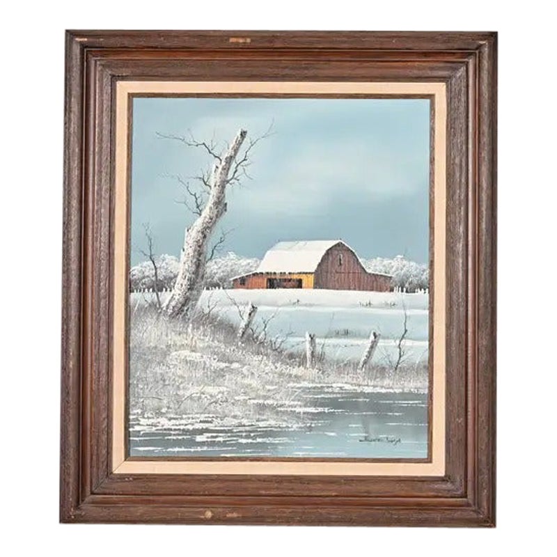 Original Artist Signed "Barn in Snowfall" Oil Painting on Canvas