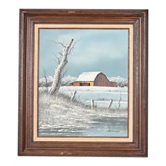 Original Artist Signed "Barn in Snowfall" Oil Painting on Canvas