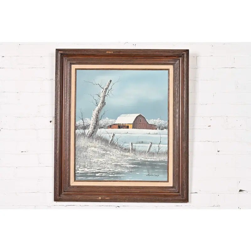 Original Artist Signed "Barn in Snowfall" Oil Painting on Canvas