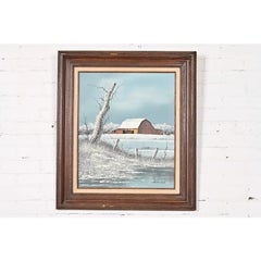 Original Artist Signed "Barn in Snowfall" Oil Painting on Canvas