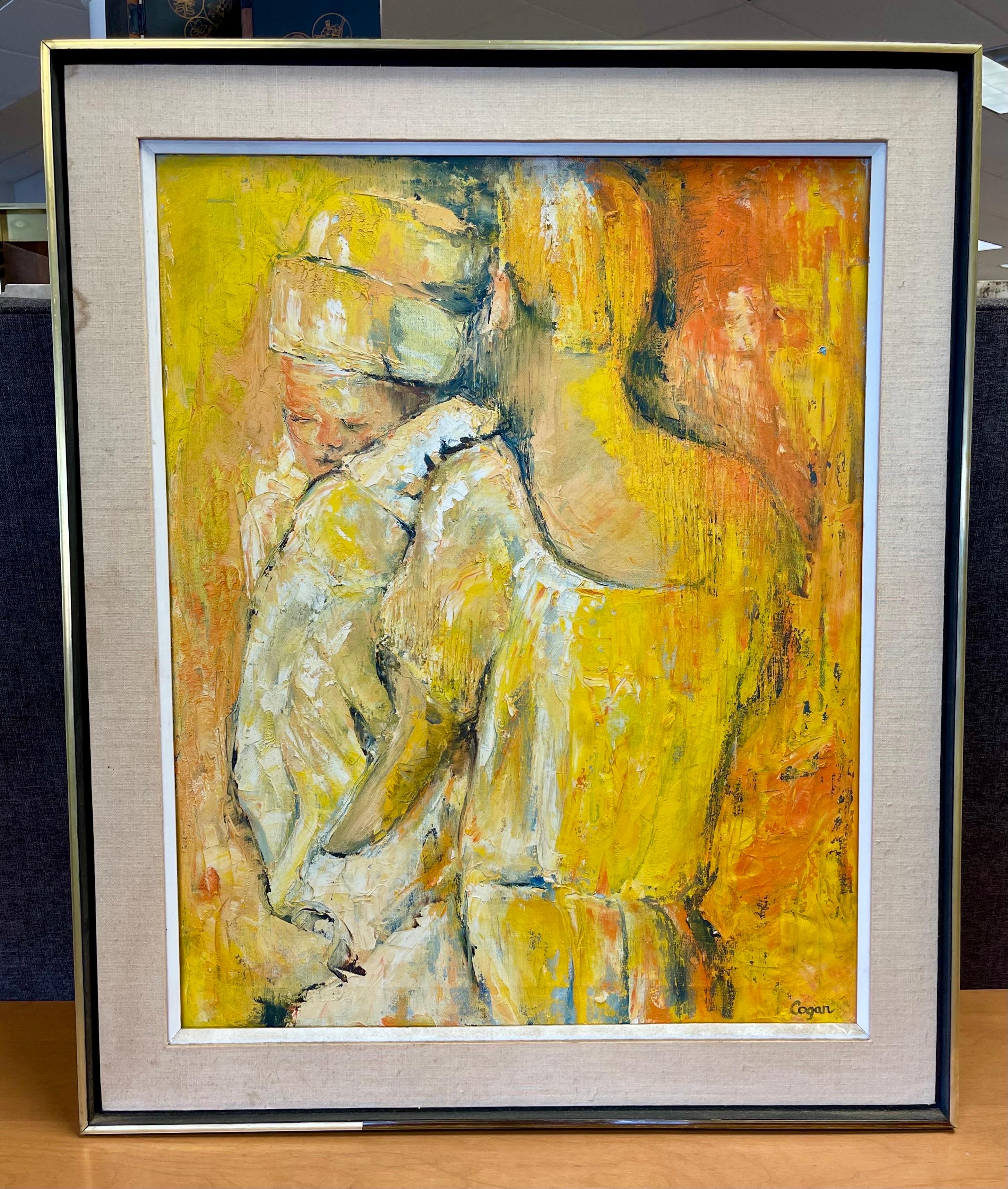 Coveted, original signed mid century abstract by Connecticut artist Carol Cogan, circa 1970's. Great scale and color scheme depicting a baby in her mother's arms. Original frame. Medium is oil on canvas. Why not own the best.