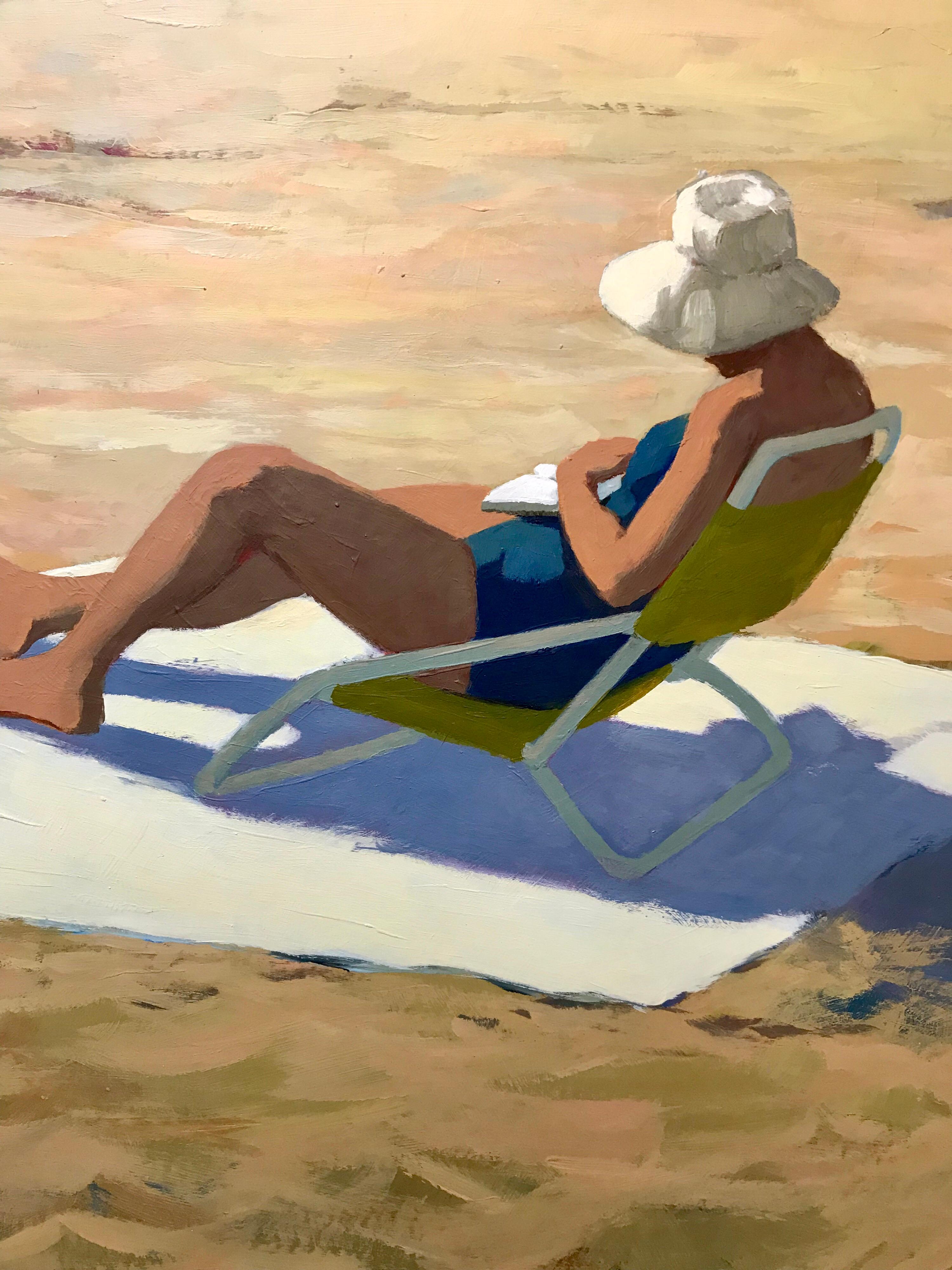 Magnificent 20th century signed Mimi Lesser large oil painting showing a woman on a beach.
The colors are vivid and vibrant. Medium is oil on canvas.