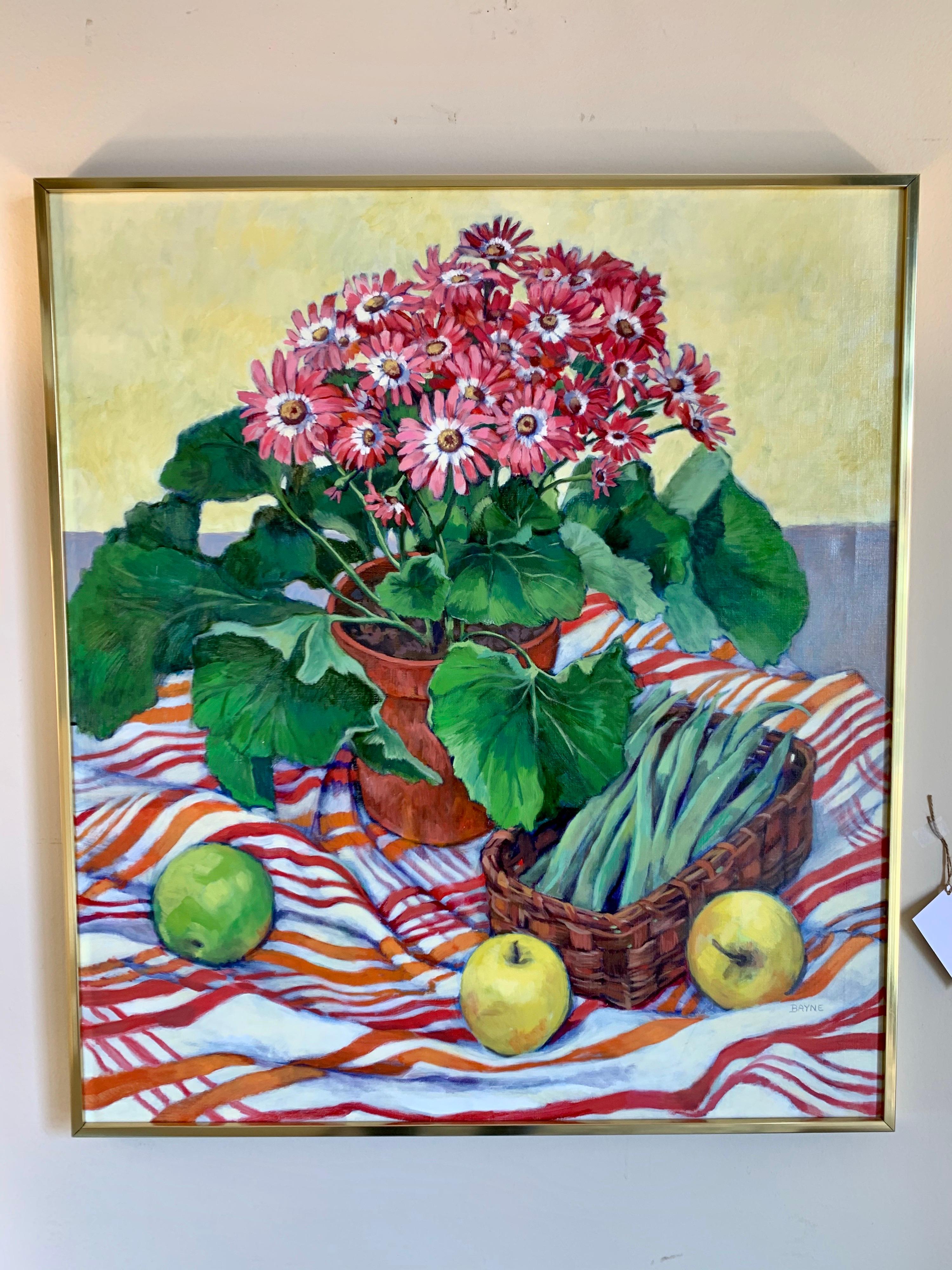 Colorful original oil painting of a still life with apples and pink flowers on a striped tablecloth. Signed by the artist Bayne bottom right. 
Now, more than ever, home is where the heart is.