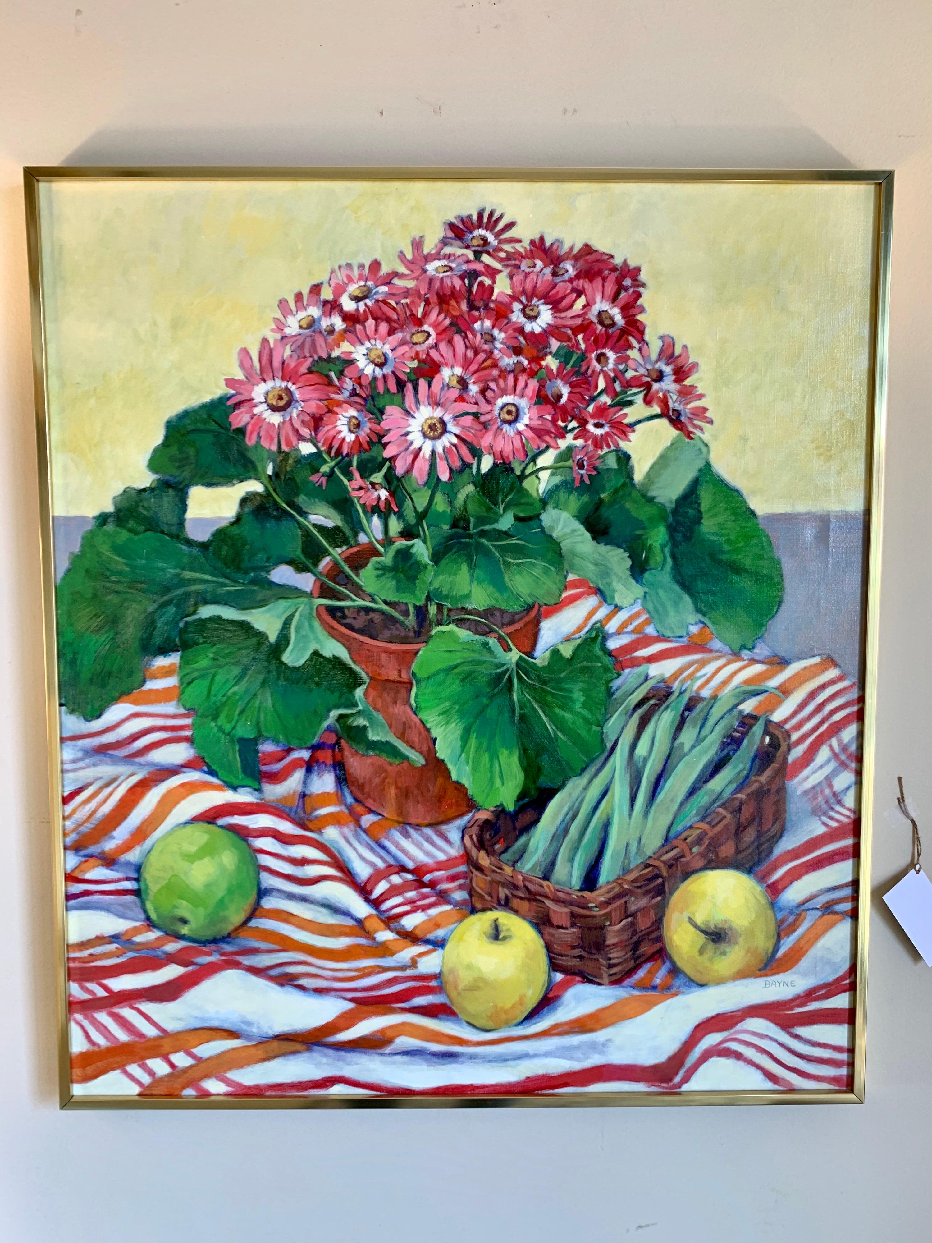 Mid-Century Modern Original Signed Still Life of Fruits and Flowers Painting by Bayne