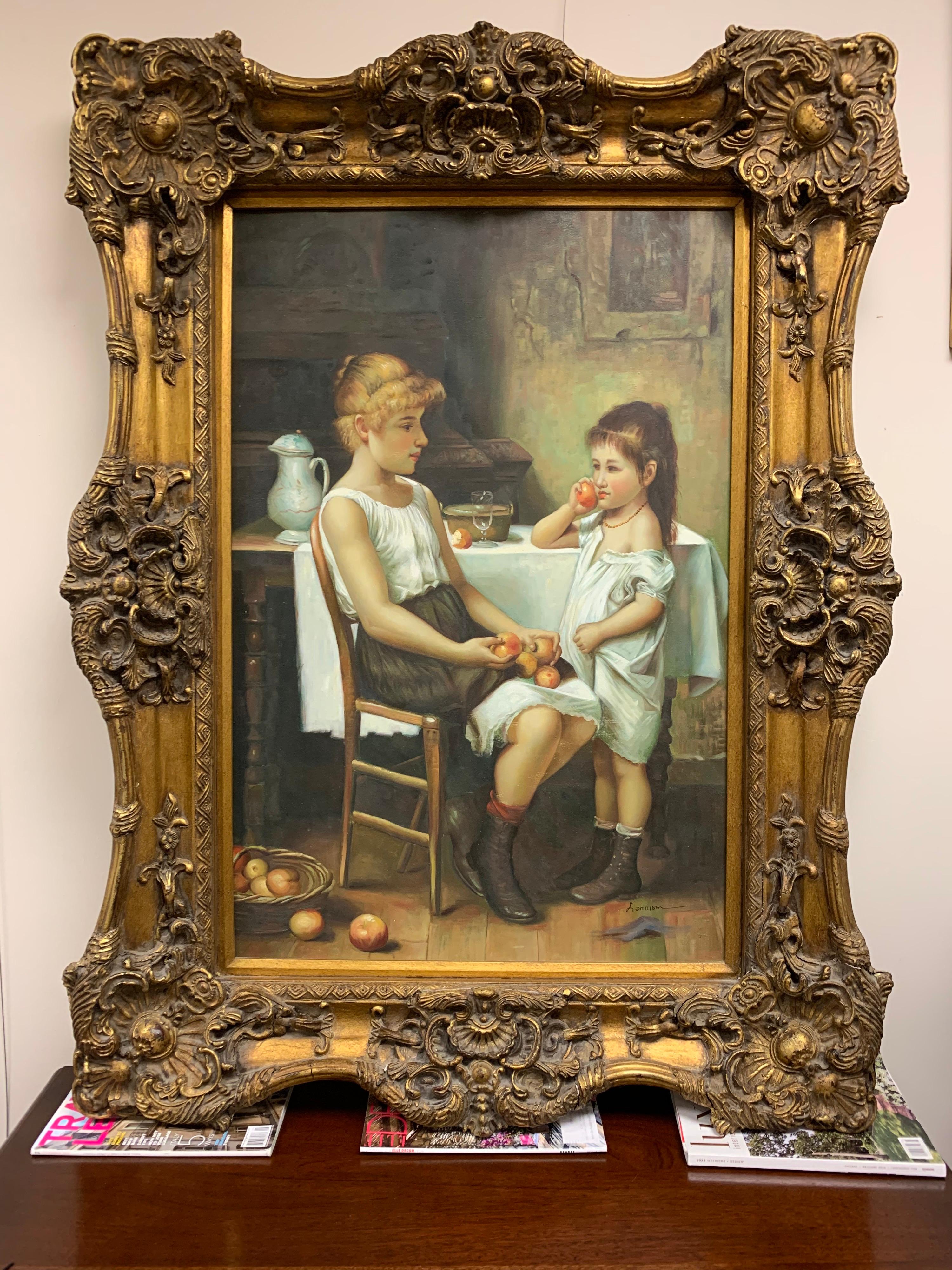 Original oil on canvas painting signed at bottom by the artist Lenmam. There is a lovely depiction of two sisters at home enjoying fresh picked apples. The frame is original and is intricately carved giltwood.