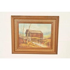 Original Artist Signed Oil Painting of "Covered Bridge" in Walnut Rattan Frame