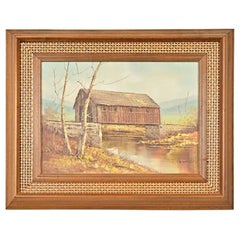 Original Artist Signed Oil Painting of "Covered Bridge" in Walnut Rattan Frame