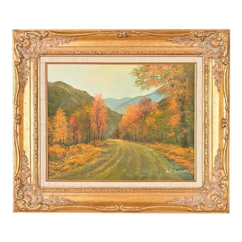 Original Artist Signed Scenic Fall Drive Oil Painting in Carved Giltwood Frame