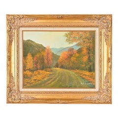 Original Artist Signed Scenic Fall Drive Oil Painting in Carved Giltwood Frame