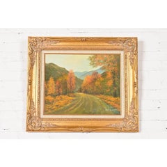 Original Artist Signed Scenic Fall Drive Oil Painting in Carved Giltwood Frame