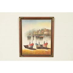 Original Artist Signed ‘Seaside Harbor’ Acrylic Painting Walnut and Brass Frame