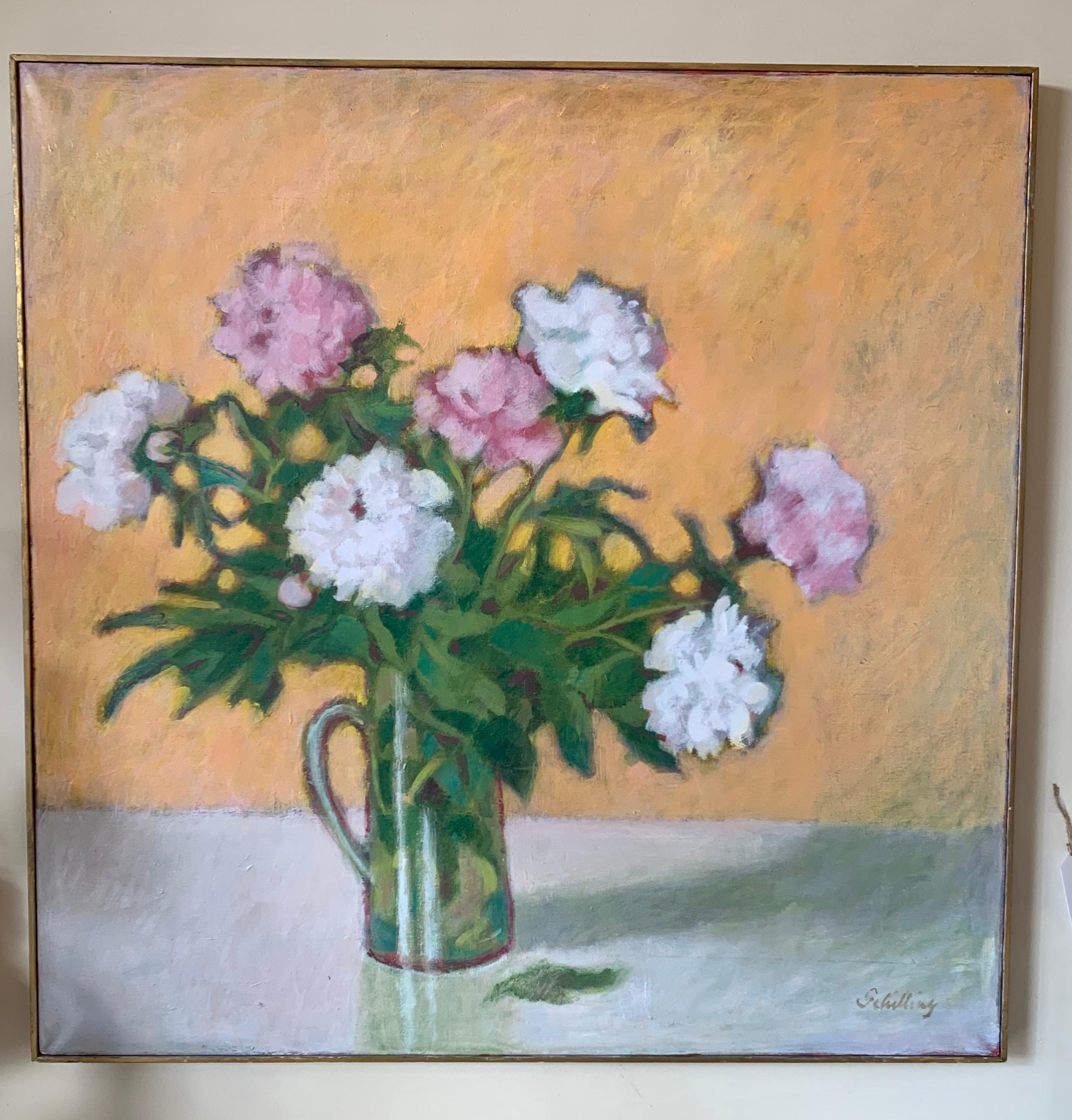 American Original Artist Signed Still Life Flowers Oil Painting Schilling