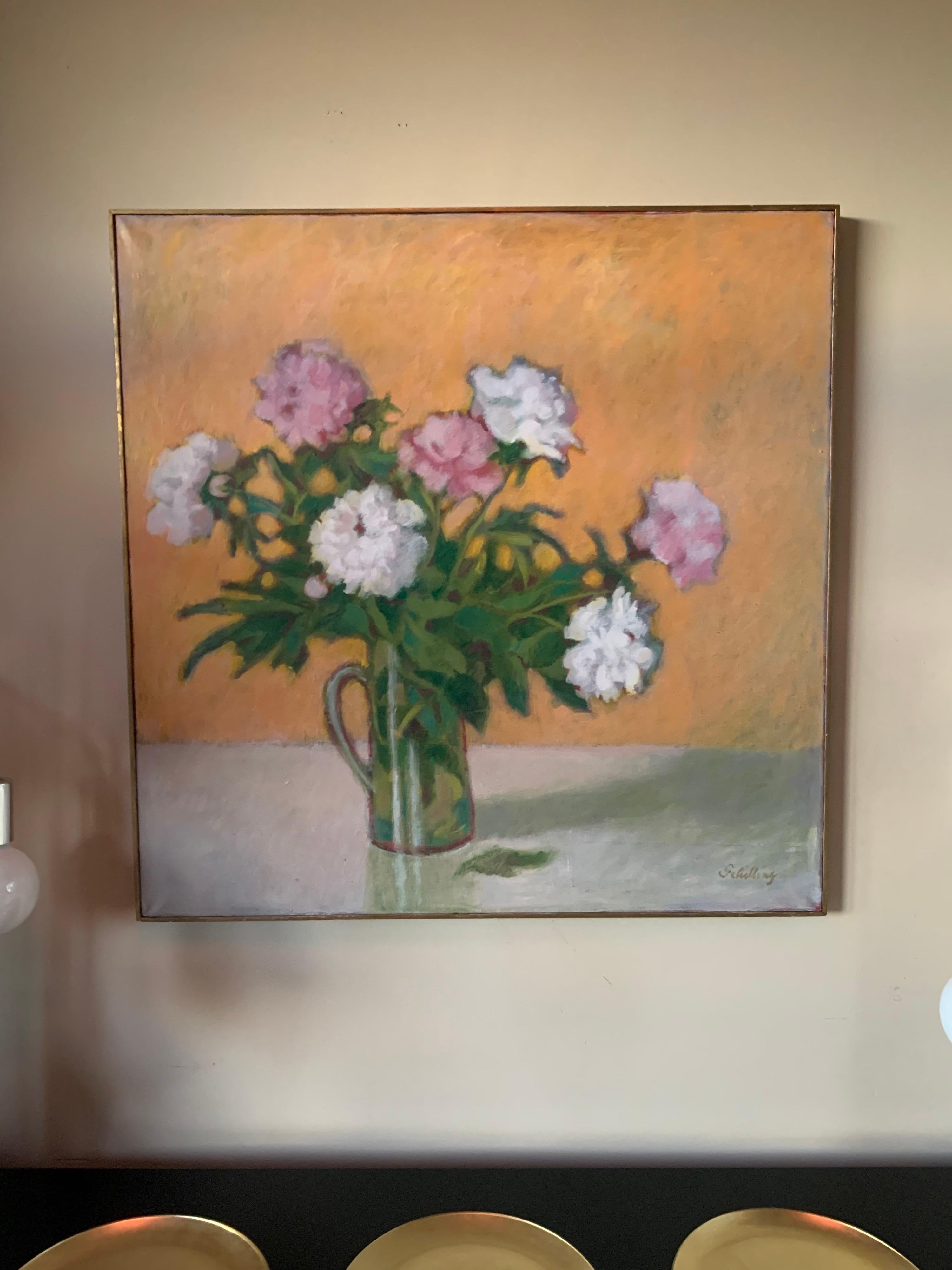 Mid-20th Century Original Artist Signed Still Life Flowers Oil Painting Schilling