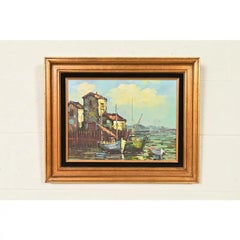 Peinture originale sur toile signée de l'artiste "Village Harbor" avec cadre en bois doré