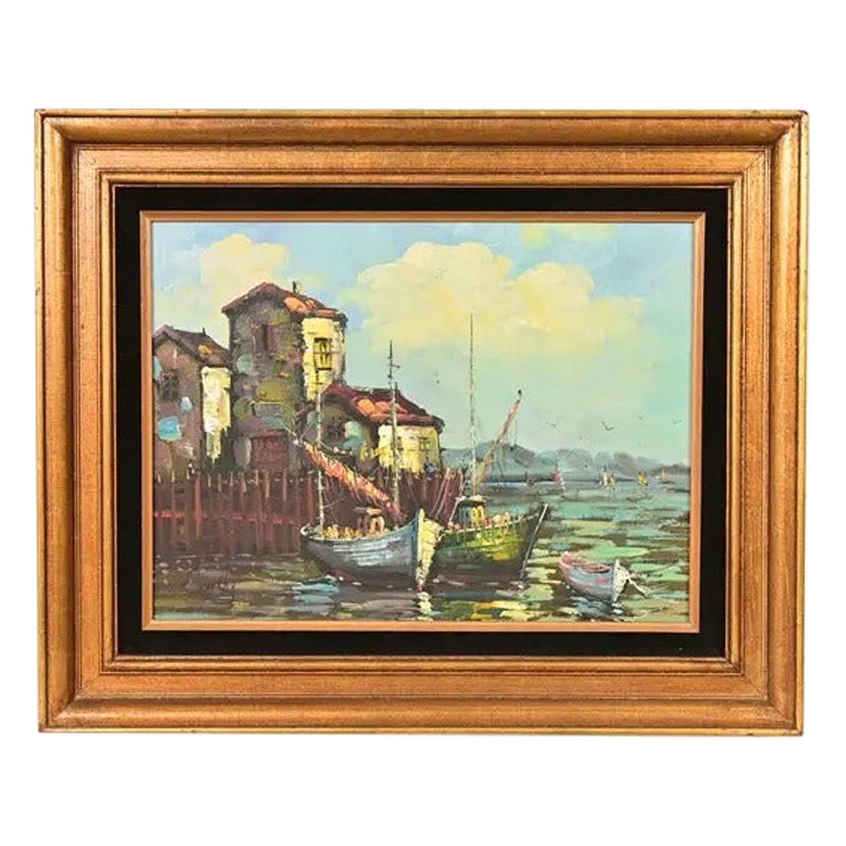 Peinture originale sur toile signée de l'artiste "Village Harbor" avec cadre en bois doré