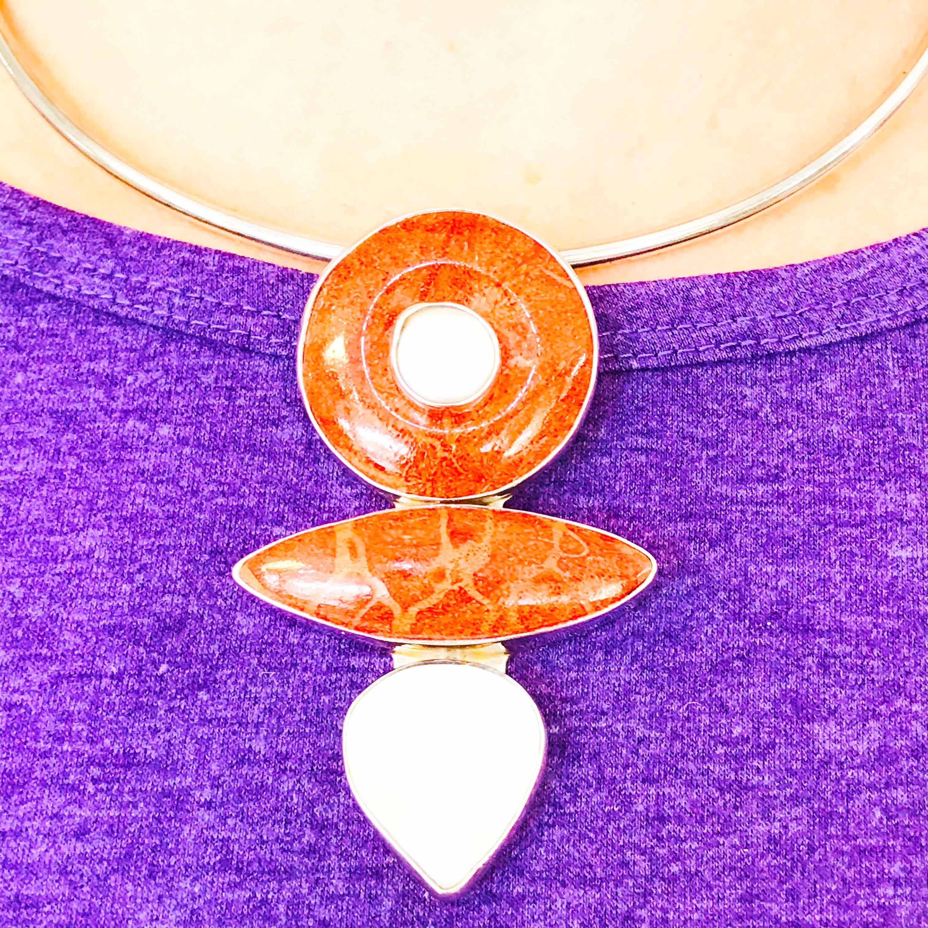 Round Cut Original Arts & Craft Coral and Mother of Pearl Pendant Brooch Necklace, Orange