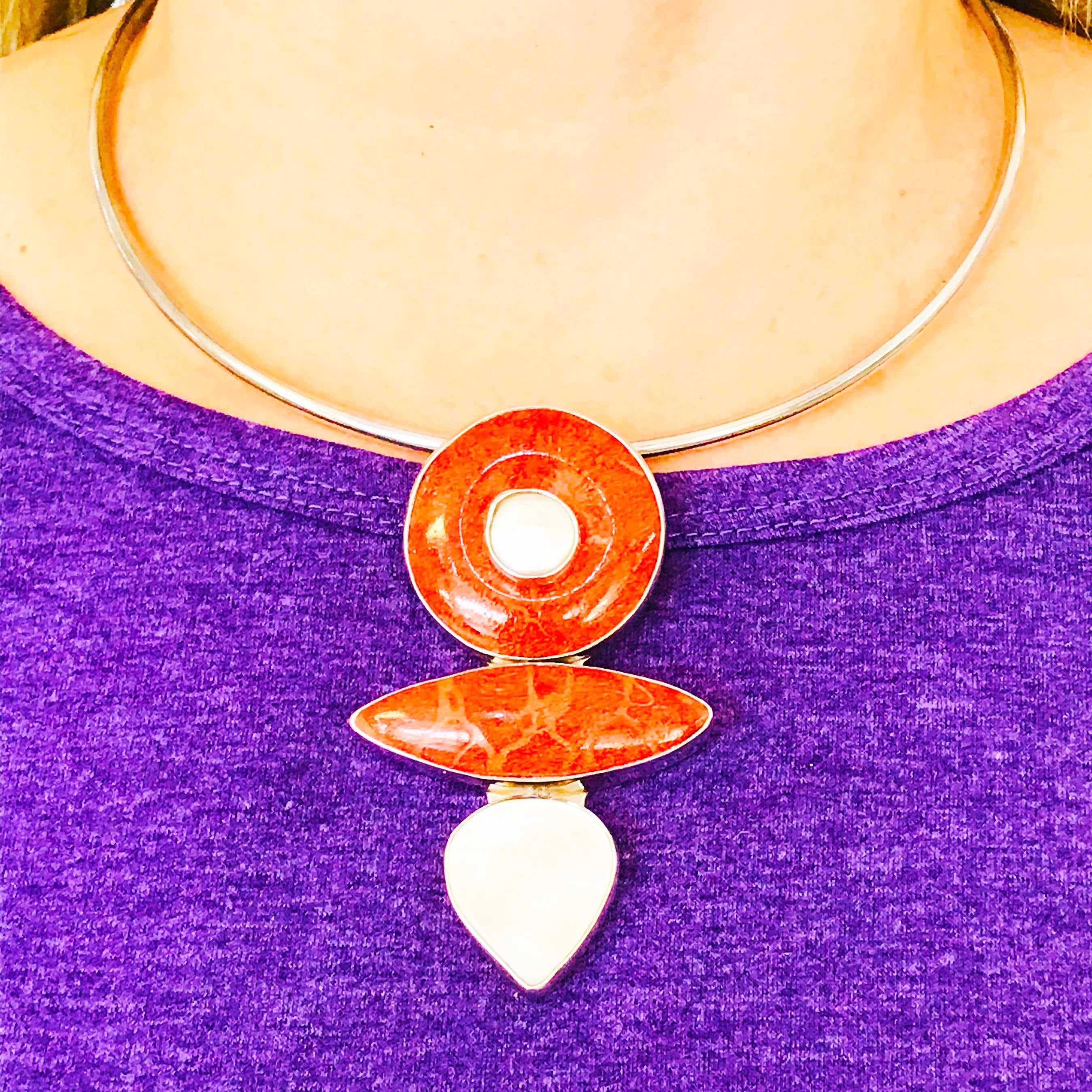 Original Arts & Craft Coral and Mother of Pearl Pendant Brooch Necklace, Orange In New Condition In Austin, TX