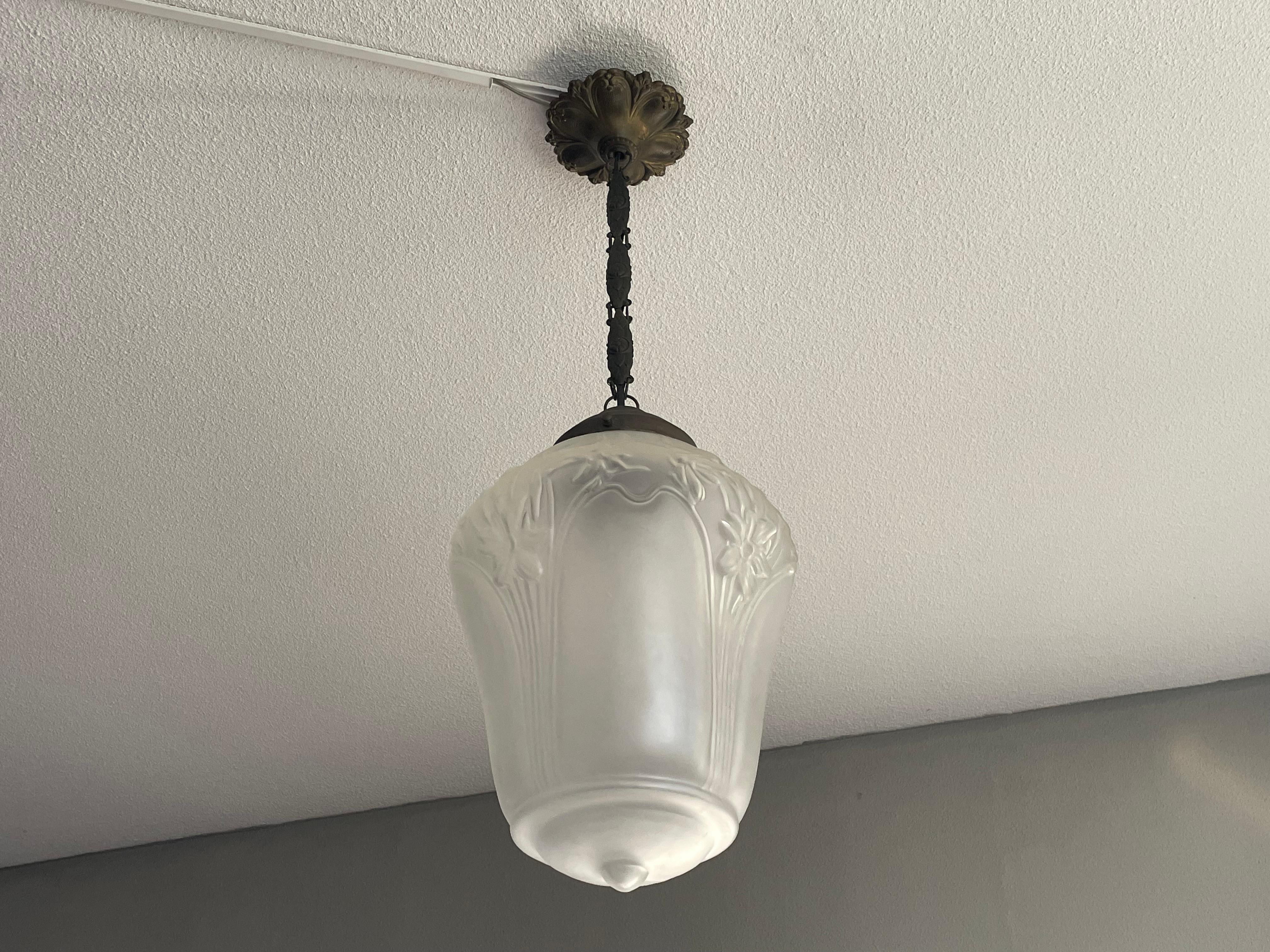 Patinated Original Arts and Crafts Glass Hallway Pendant Light with Daffodil Flowers 1900s For Sale