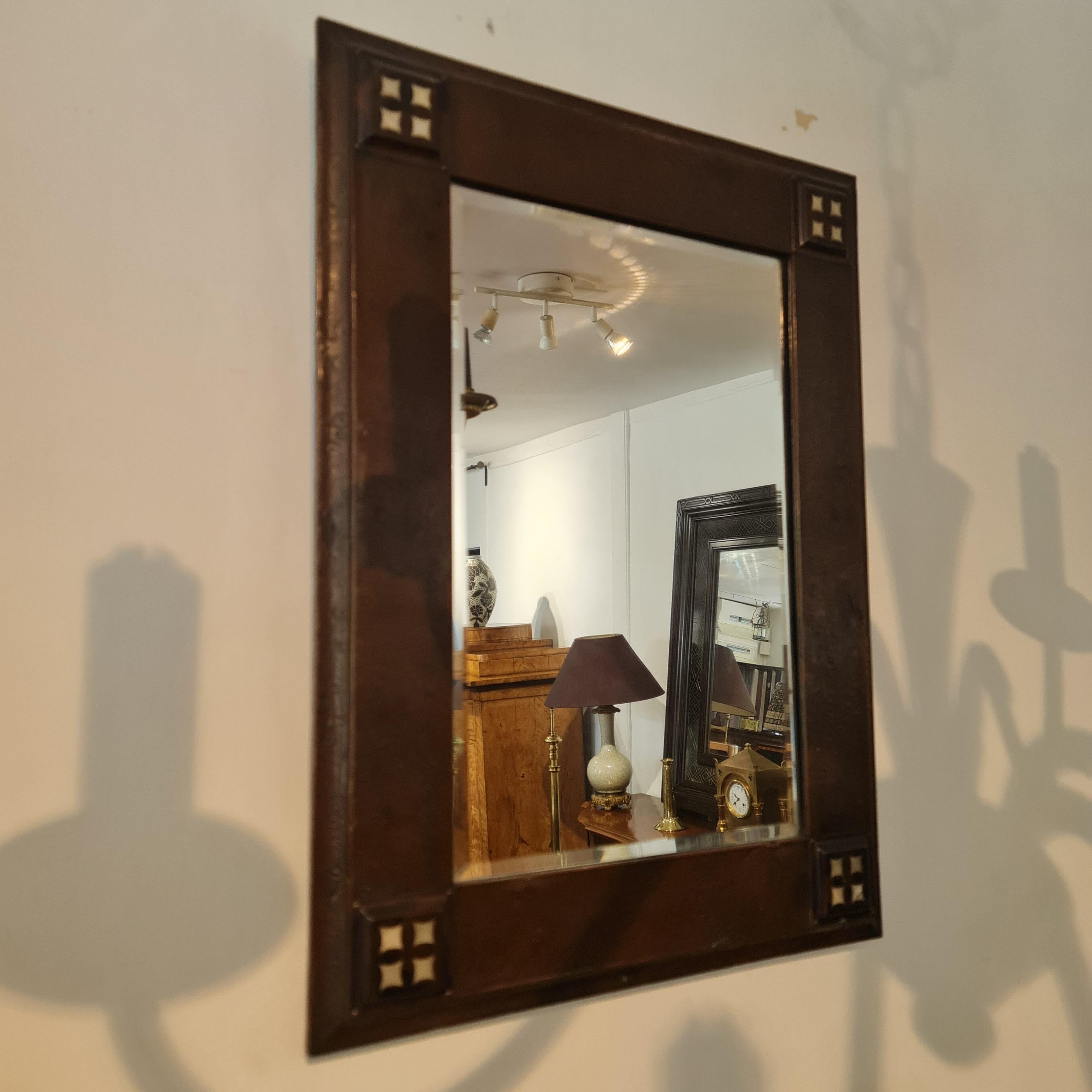 Original Arts & Crafts copper and mother of pearl mirror For Sale 4