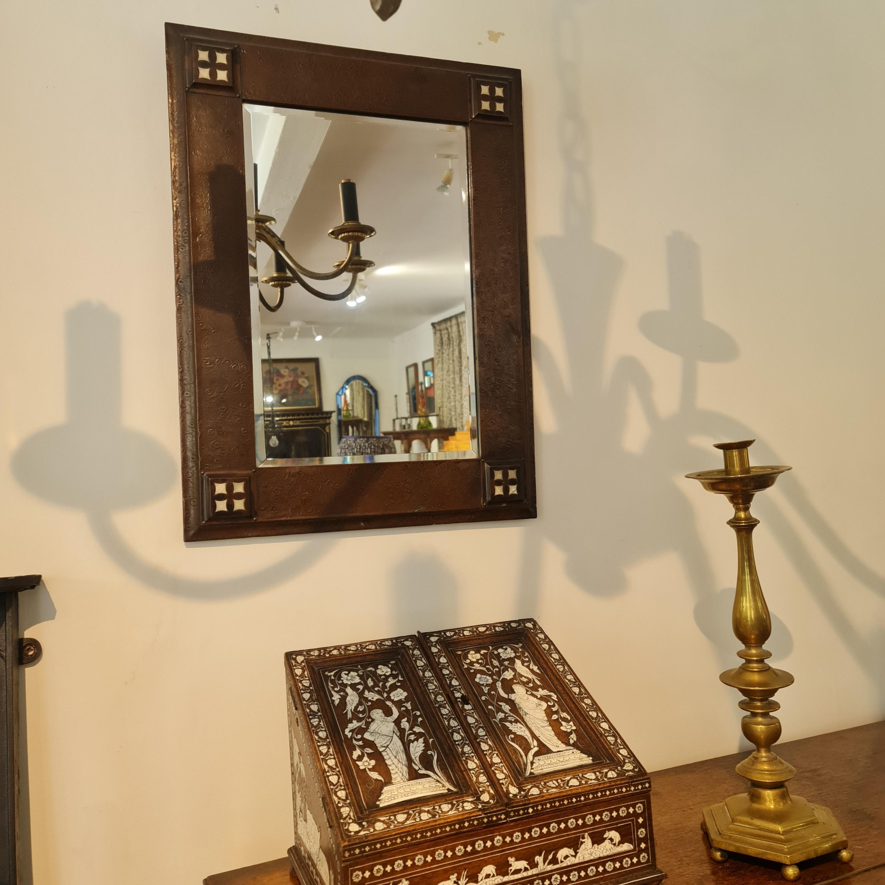 Copper Original Arts & Crafts copper and mother of pearl mirror For Sale