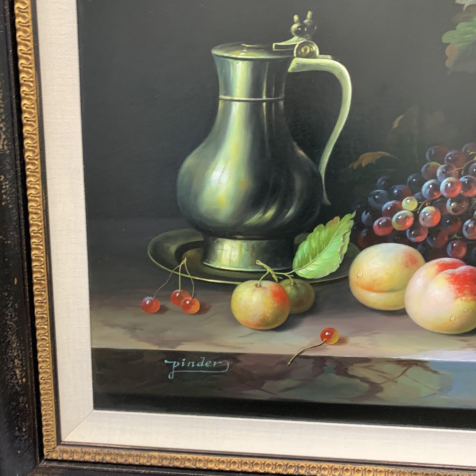 Presents a original artwork still life signed by Pinder. Chiaroscuro style showcases vibrant colors in shadows and highlights. Beautifully framed in a traditional frame and linen matte.