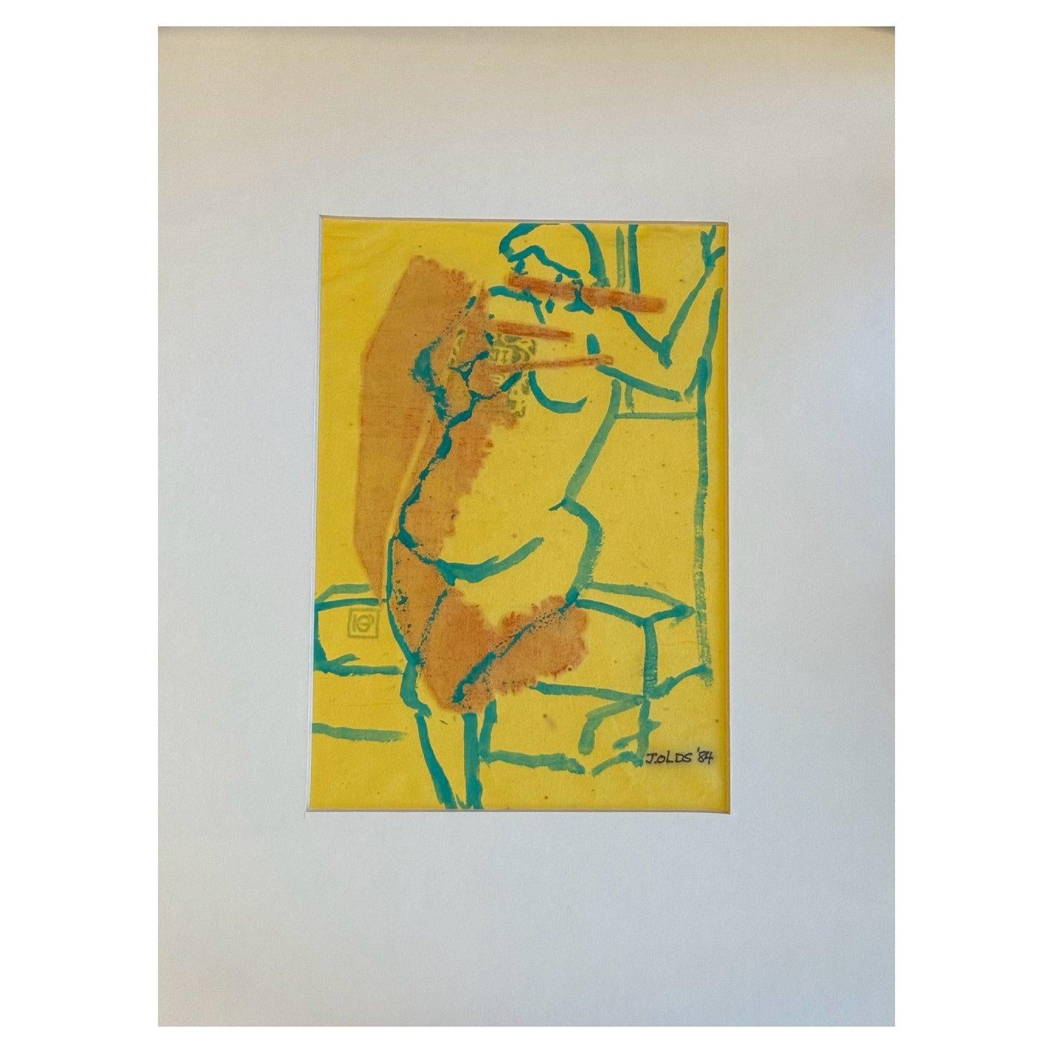 Figura nº 1 de Jean Olds, firmada y fechada en 1984. Una figura de mujer curvilínea delineada en verde sobre un fondo amarillo vibrante. Aguada sobre plancha de madera invertida sobre papel de arroz, mateado sin marco. 

Jean Olds fue una artista