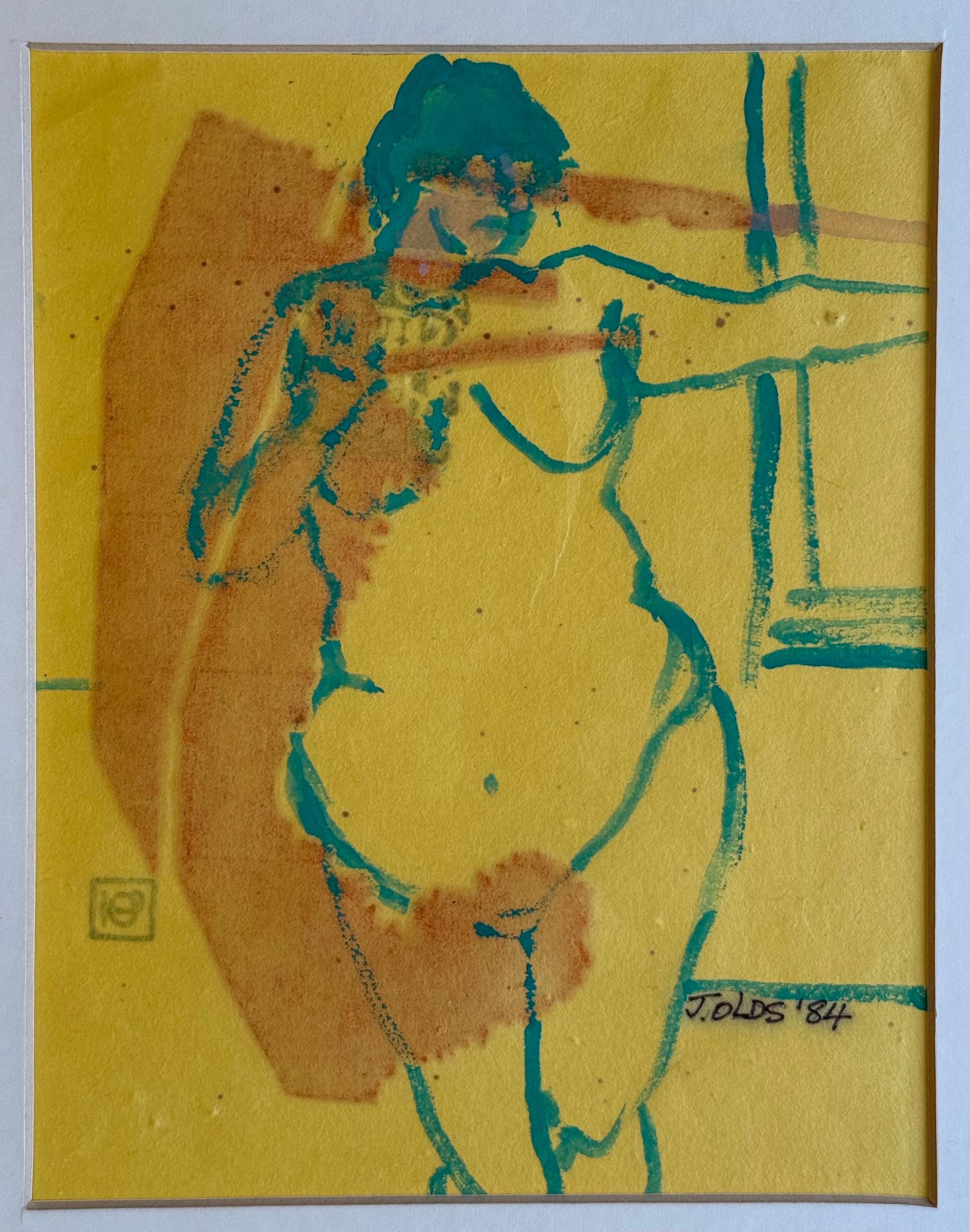 Figure #2 de Jean Olds, signée et datée 1984. Figure d'une femme ronde aux contours verts sur un fond jaune vif. Gouache sur bois inversé sur papier de riz, sans cadre et avec passe-partout. 

•

Jean Artistics était une artiste américaine connue