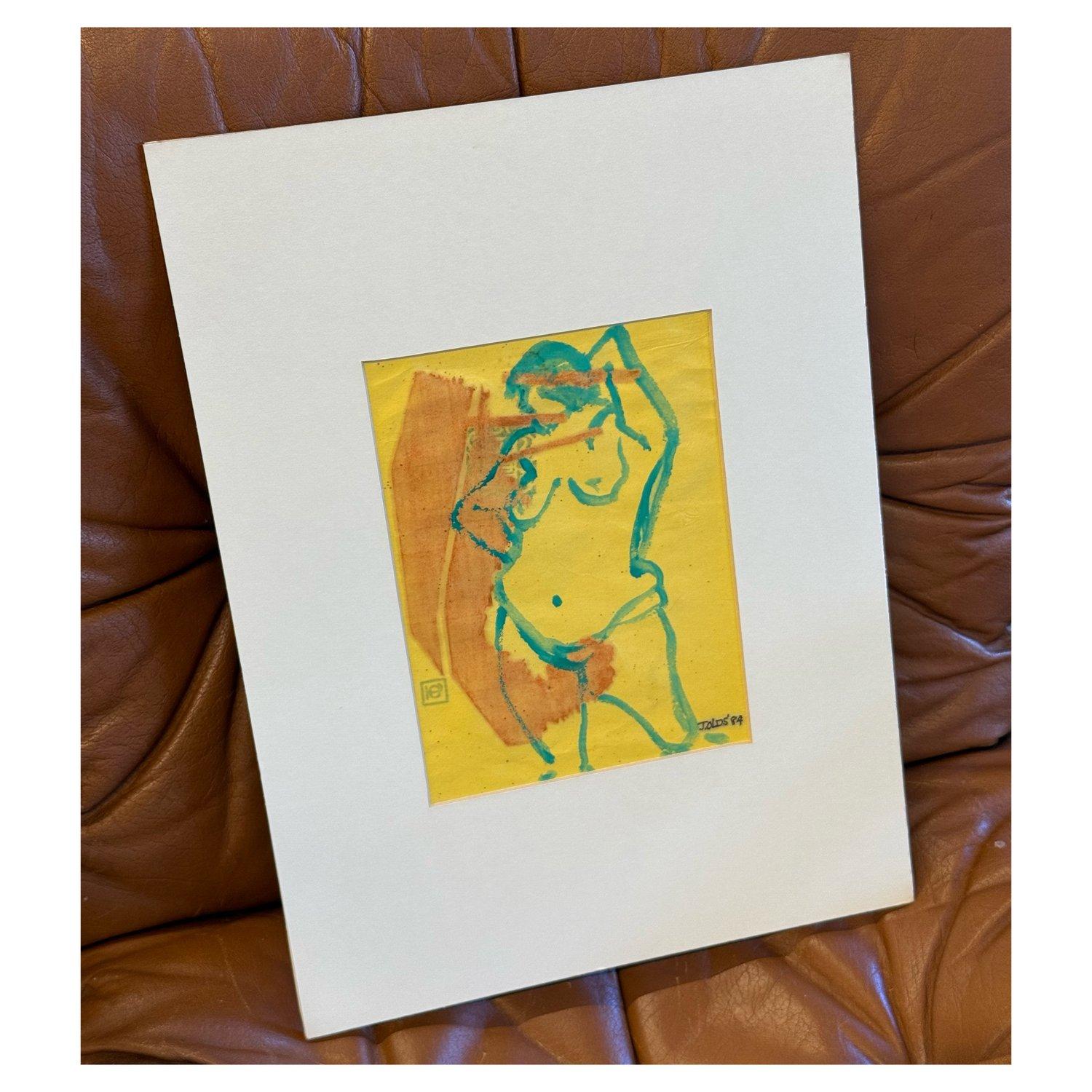 Figure n° 3 de Jean Olds, signée et datée de 1984. Figure d'une femme ronde aux contours verts sur un fond jaune vif. Gouache sur bois inversé sur papier de riz, sans cadre et avec passe-partout. 

Jean Artistics était une artiste américaine connue
