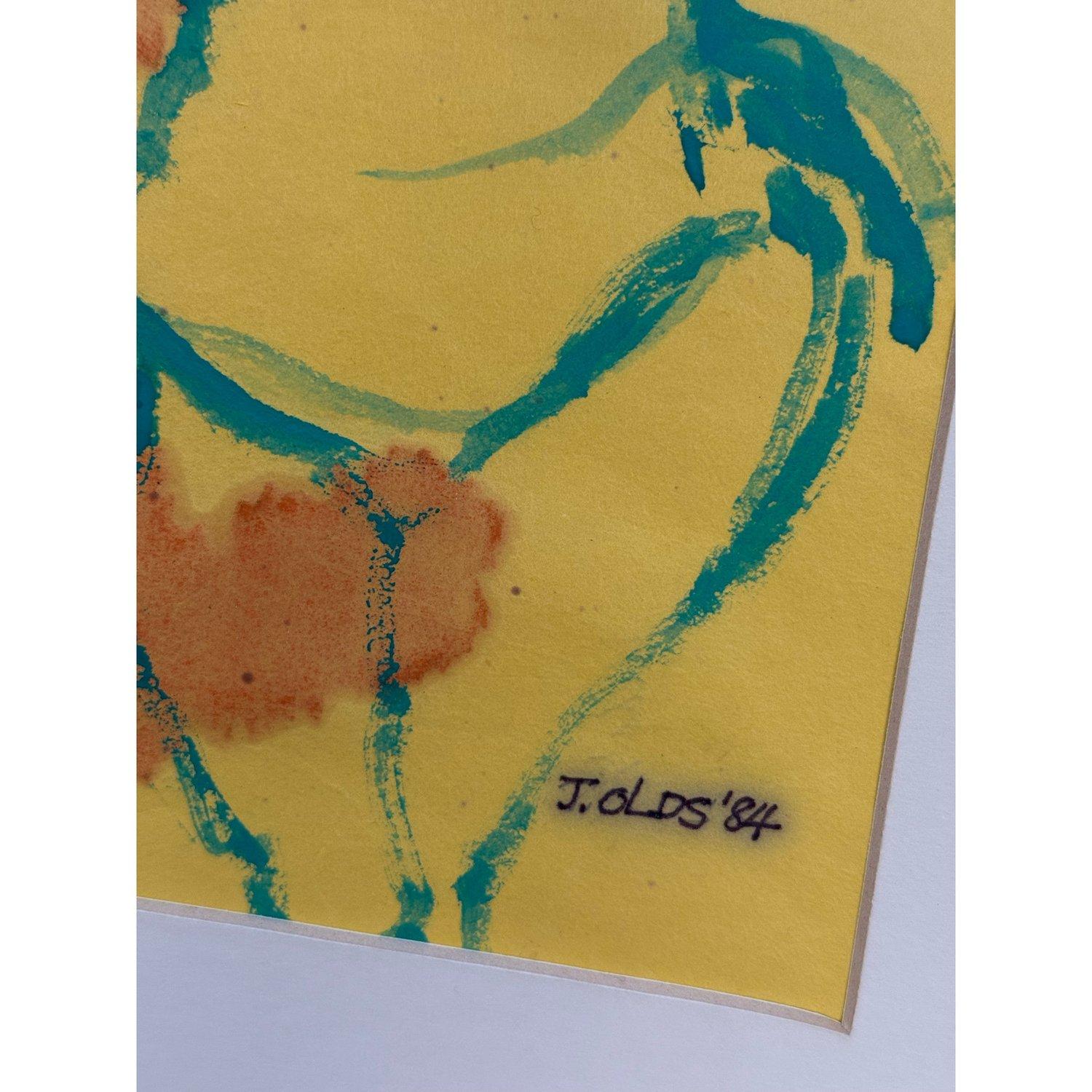 Figure #5 by Jean Olds, signed and dated 1984. A figure of a curvaceous woman outlined in green against a vibrant yellow background. Gouache on reversed woodblock on rice paper, matted without frame. 

Jean Olds was an American artist known for her