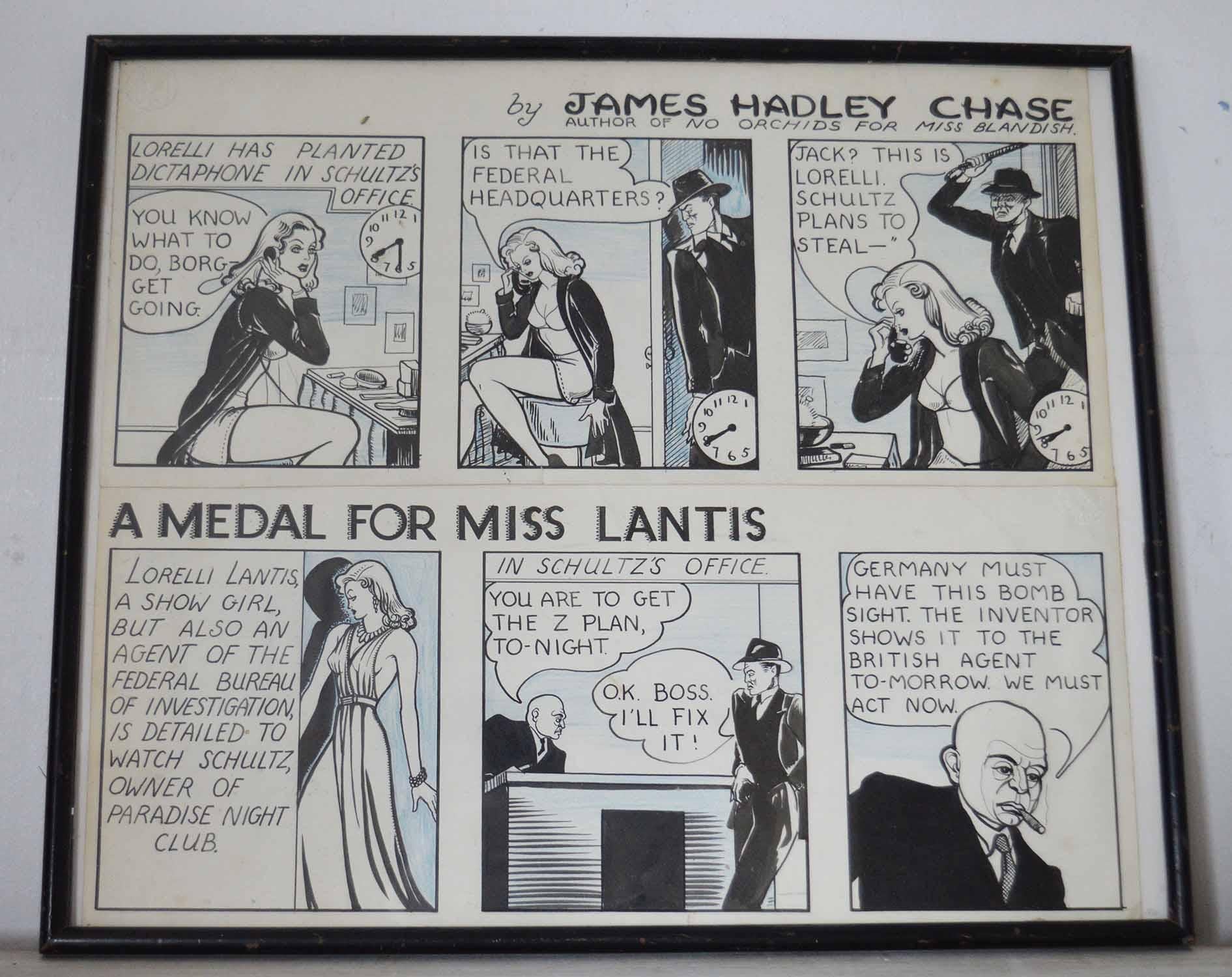 Amazing artwork for a story by James Hadley Chase. So evocative of this period.

We have found no record of this story, A Medal for Miss Lantis, so presumably it was never published.

Original black ink and blue crayon on Robersons Bristol Board