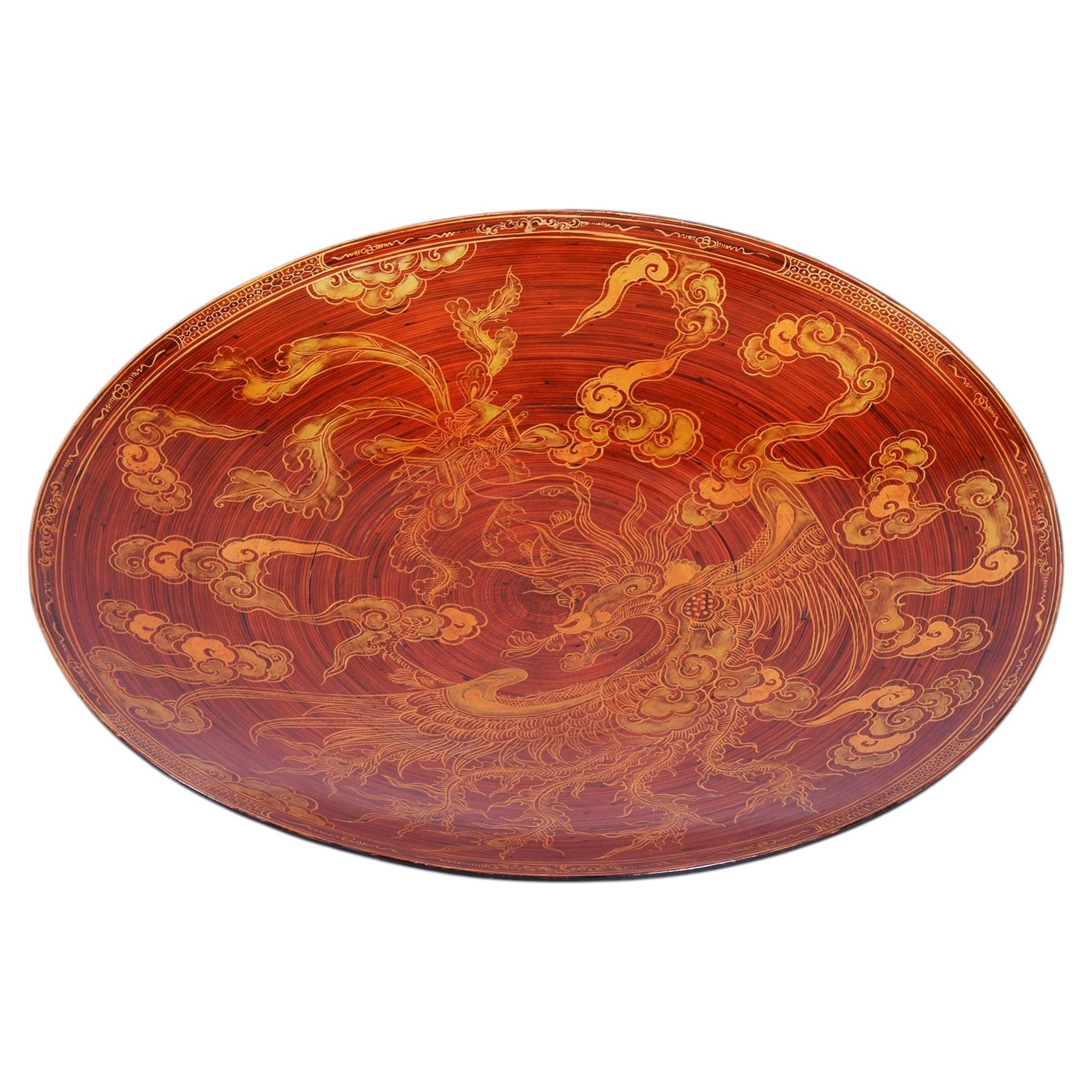 Original Asian Plate, Lacquered Wood, Well-Preserved Condition, China, 1920s For Sale