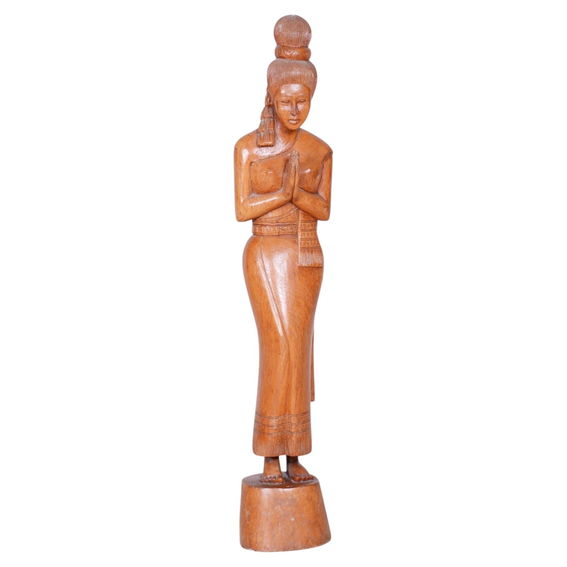 Original Asian Sculpture, Lacquered Wood, Well-Preserved Condition, 1950s