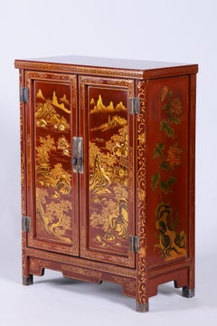 Original Asian-Style Small Cabinet, Wood, Lacquer, Paint, China, 1850s