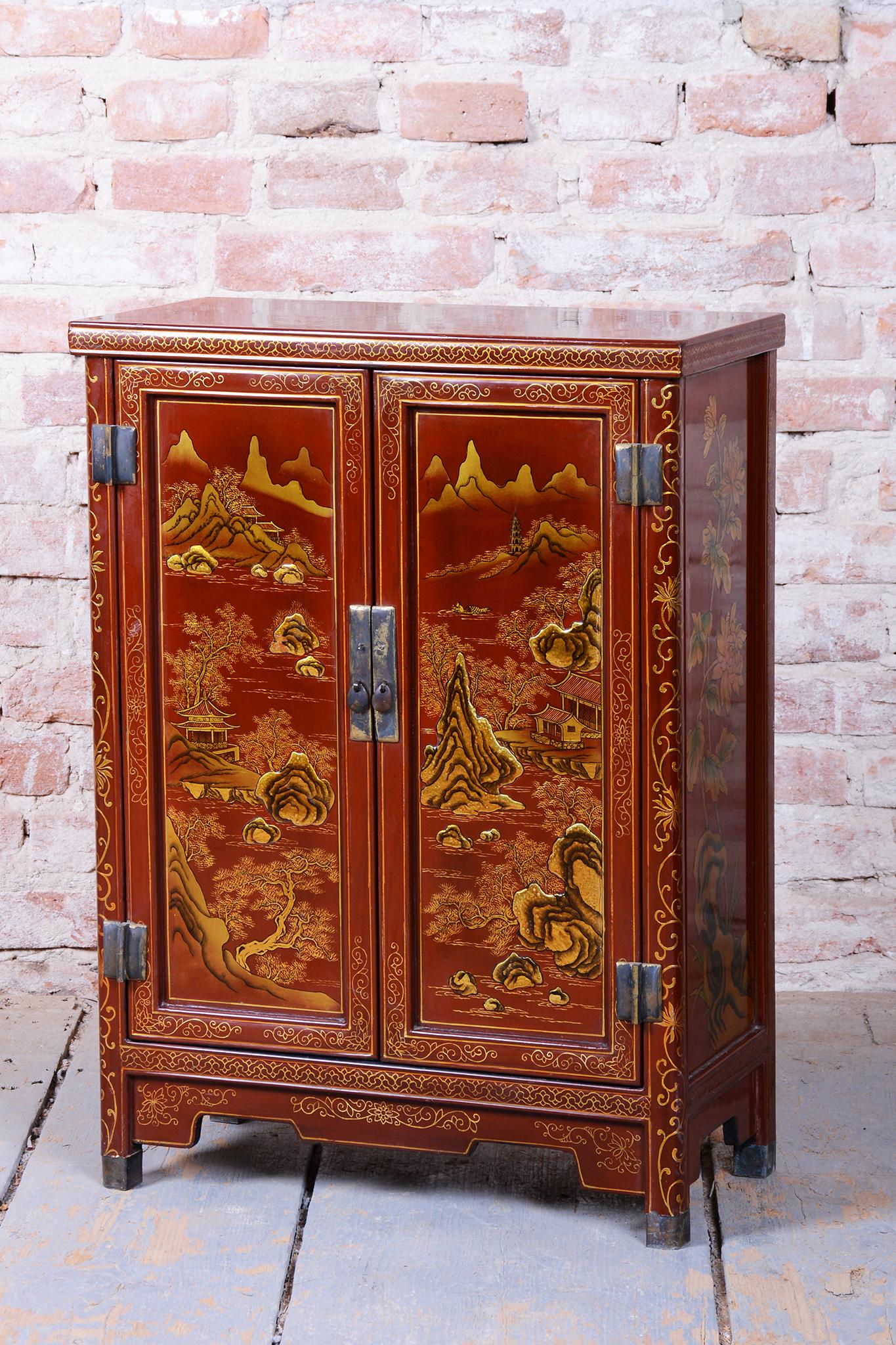Biedermeier Original Asian-Style Small Cabinet, Wood, Lacquer, Paint, China, 1850s For Sale
