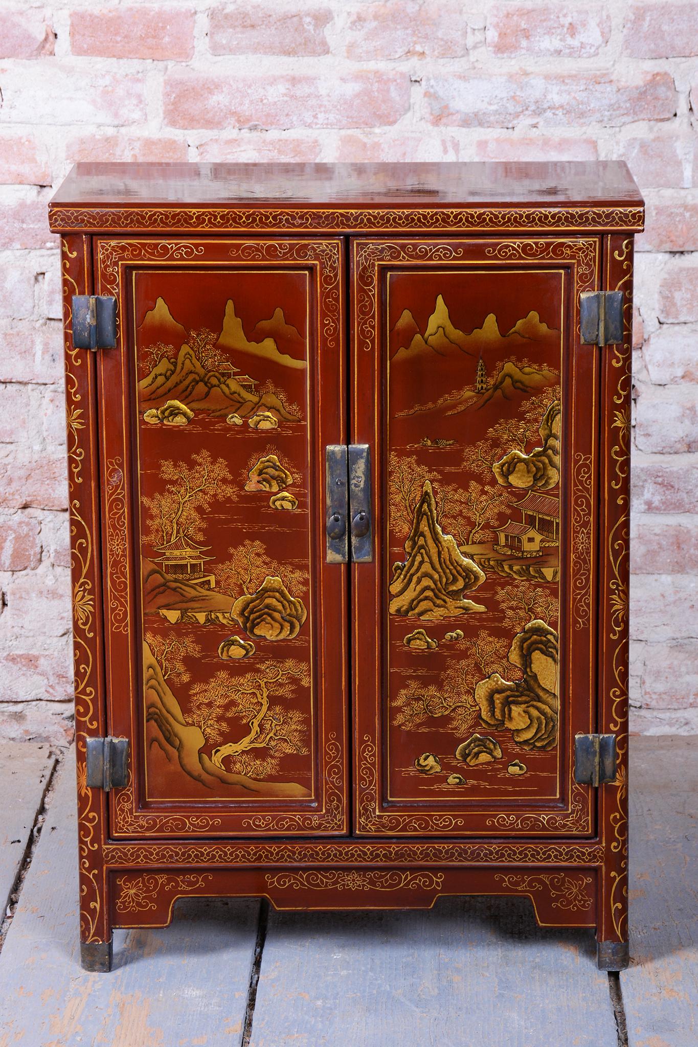 Czech Original Asian-Style Small Cabinet, Wood, Lacquer, Paint, China, 1850s For Sale