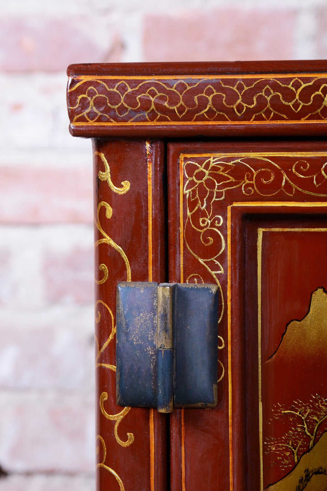 Mid-19th Century Original Asian-Style Small Cabinet, Wood, Lacquer, Paint, China, 1850s For Sale