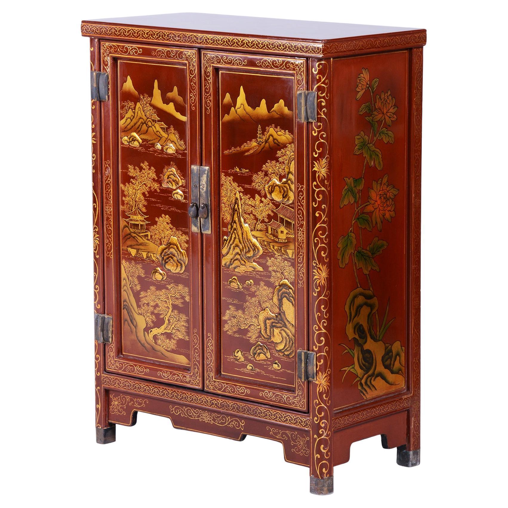 Original Asian-Style Small Cabinet, Wood, Lacquer, Paint, China, 1850s For Sale