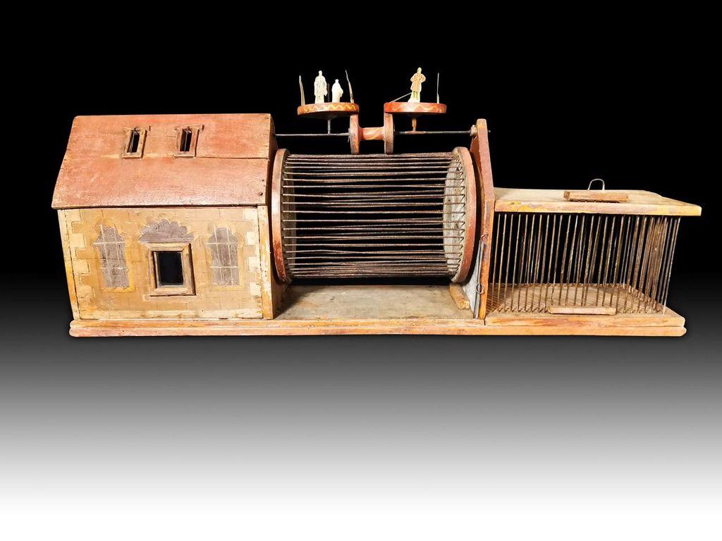 Wood Original Automaton in Old Hamster Cage, Possibly France 19th Century
