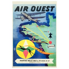 Vintage Original Aviation Poster, Air Ouest, Brittany, La Baule, Greyhound Hermine, 1955