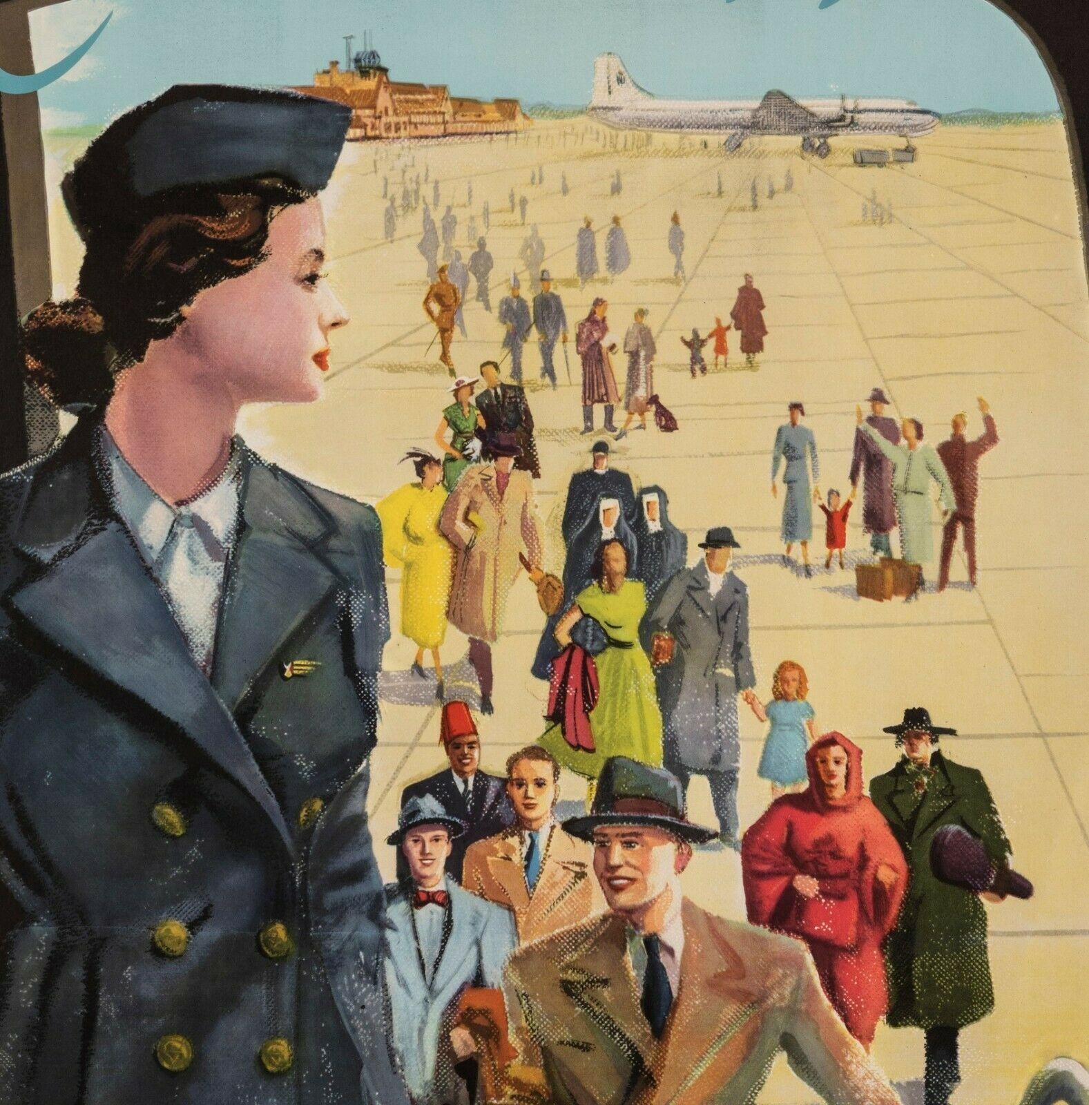 Original Aviation Poster-Travel the World-Sabena-Belgium-Airport, c.1950

Poster for the promotion of tourism by the airline SABENA.
Nuns, families, businessmen, soldiers, a musician with his violin / guitar are on the tarmac at Brussels airport in