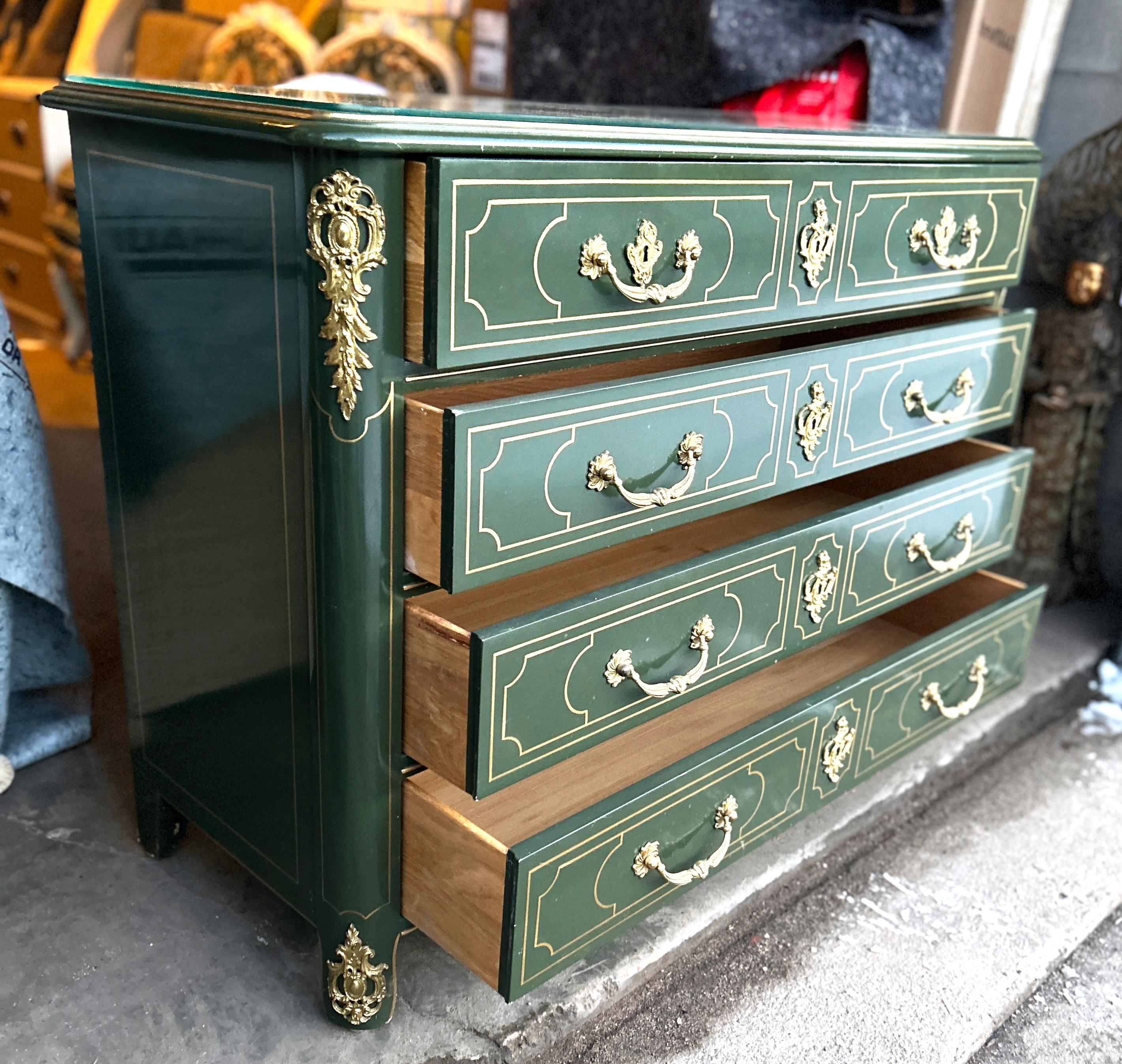 Original Baker Collector's Edition Hand Painted Green and Gold Lacquered Dresser For Sale 2